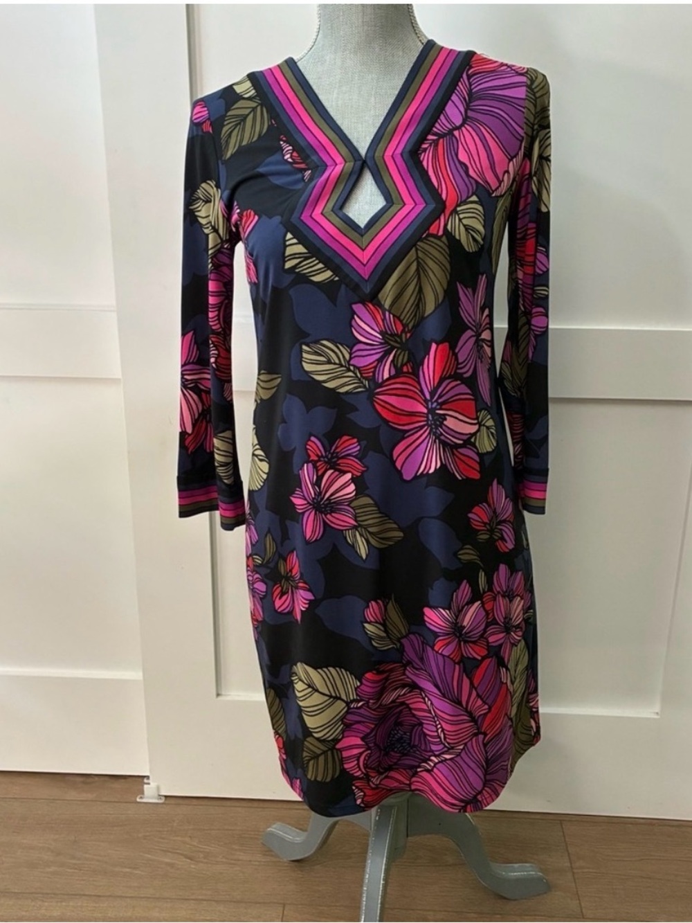 Trina Turk Navy Shift Dress with Fuchsia & Olive Stripe Accents size 2